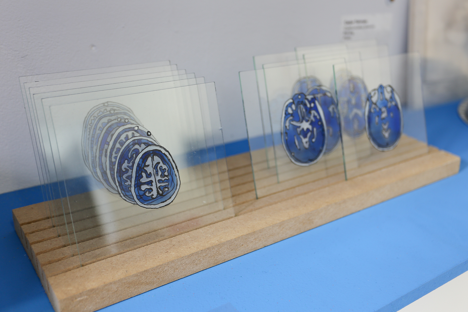 Clear acetate slides stacked on a wooden base support with blue tones