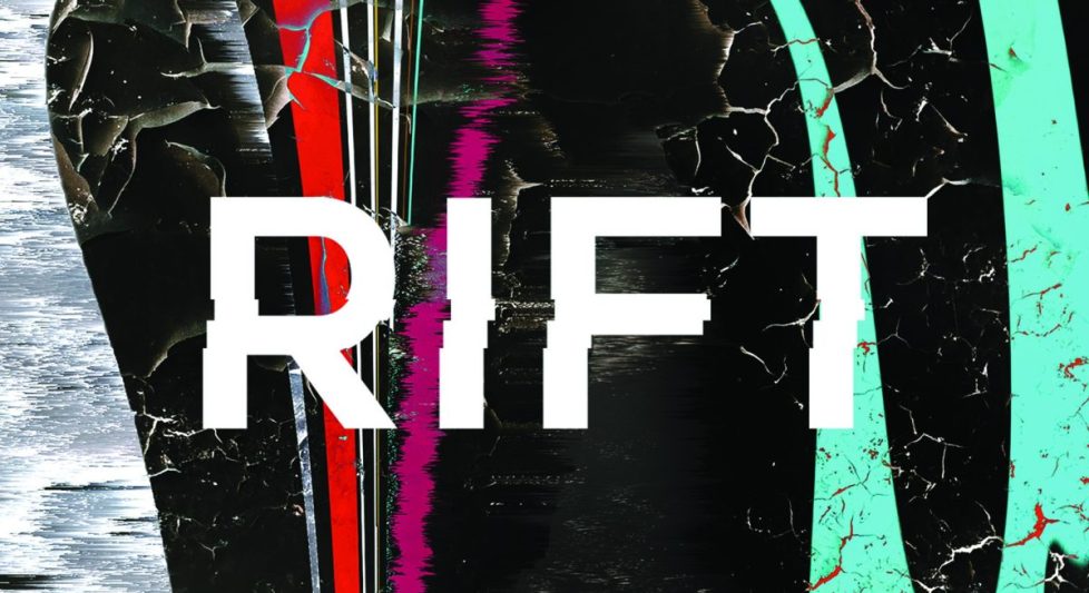 Black background with slash colours of red green and grey with the word 'RIFT' in white layered on top.