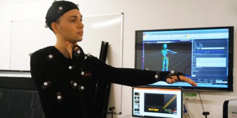 Motion capture of the performance sequence at the XRLab at the University of Westminster. Here, Piotr wearing a motion capture suit. Photo by Danmei Luo