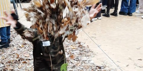 A child throwing dried leaves into the air