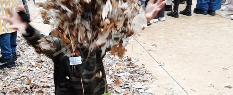 A child throwing dried leaves into the air