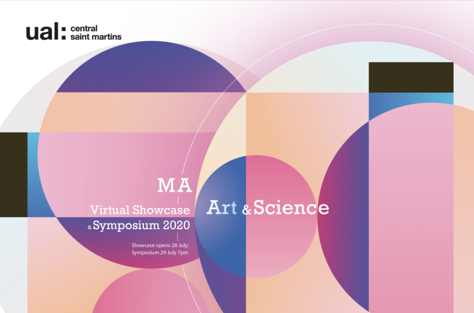 Pink, purple and light orange circular shapes intersecting each other with the MA Art and Science title and tag line