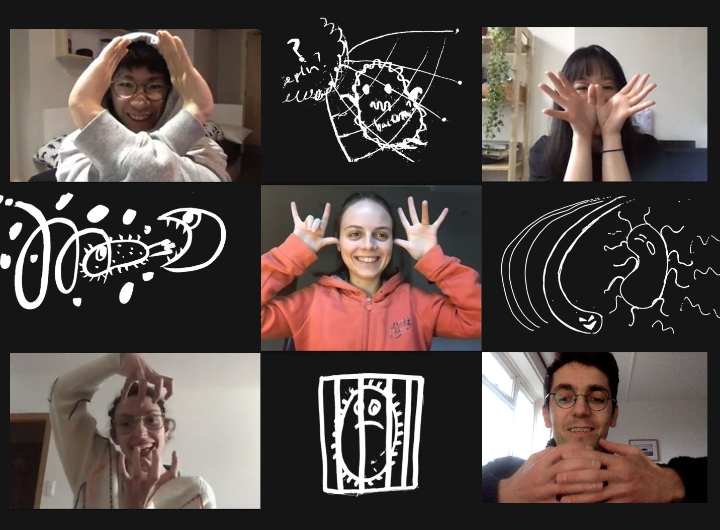drawings of bacteria and people pulling faces